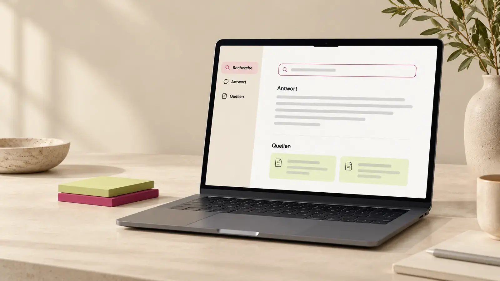 Laptop mit Taxy.io: Antwort mit Quellenangaben auf dem Bildschirm
